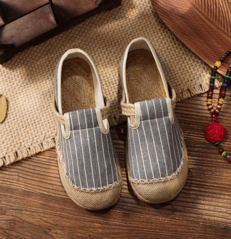Női slip-on cipő len és pamut anyagból, csíkos mintázatú, kerek orrú, egyetemi stílusú, könnyű és lélegző
