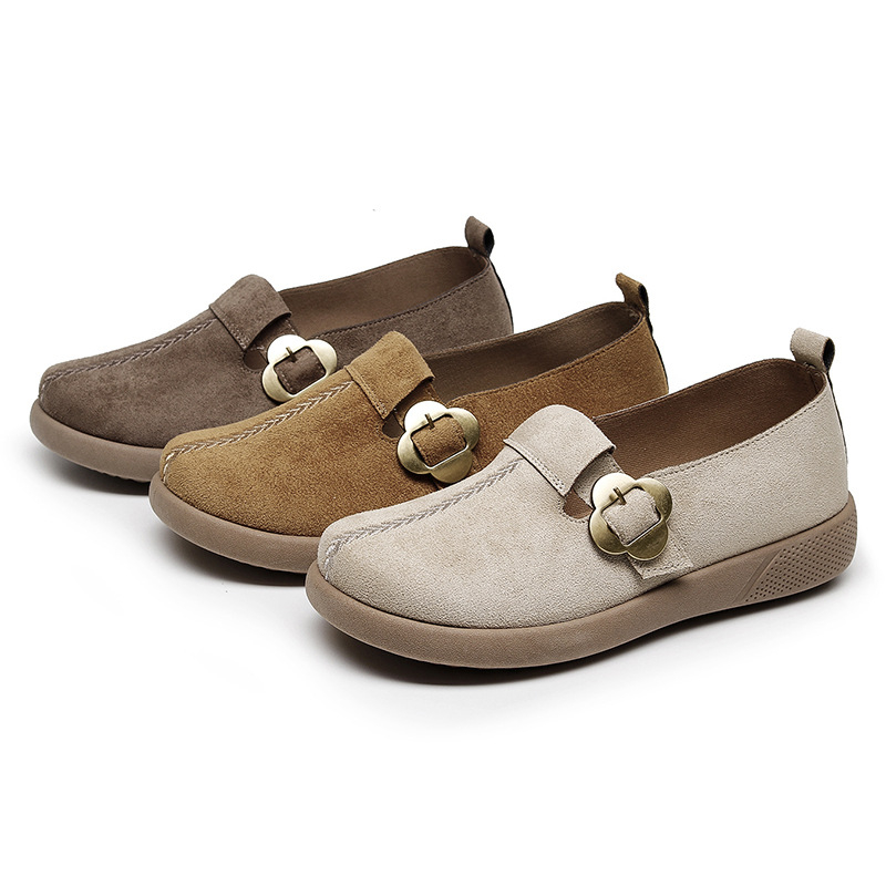 Дамски пролетни обувки от велур с метална катарама, ретро Birkenstock стил, мека подметка