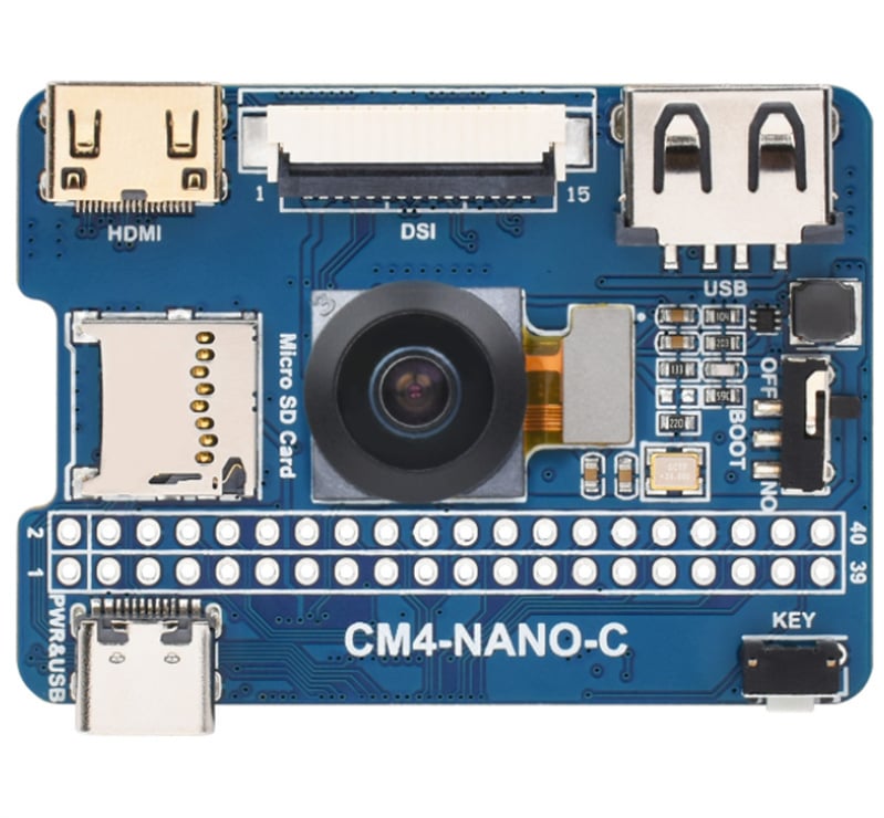 Raspberry Pi CM4 Nano proširena ploča s USB-C, USB 2.0 i HDMI, ugrađena 8 MP kamera.
