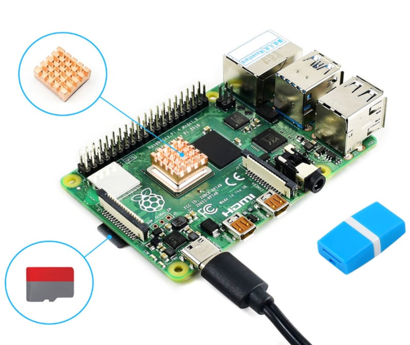 Početni komplet Raspberry Pi 4 Model B s 16 GB SD kartom, hladnjacima i napajanjem; PI4B ploča nije uključena.