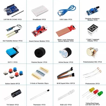 Kompatibilno s UNO R3: set od 400 rupa, breadboard s prekidačem, modul senzora za izbjegavanje prepreka i LED svjetlo.