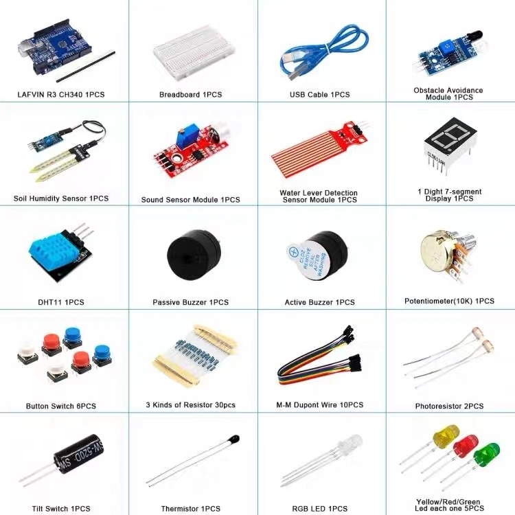 Kompatibilno s UNO R3: set od 400 rupa, breadboard s prekidačem, modul senzora za izbjegavanje prepreka i LED svjetlo.