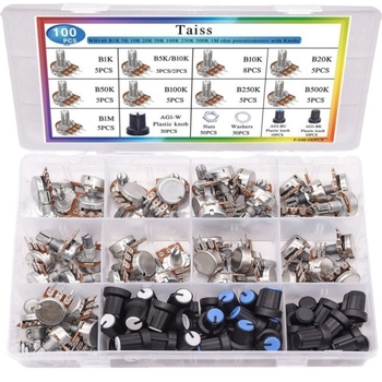 Set od 100 potenciometara WH148B s vrijednostima 1K, 5K, 10K, 20K, 50K, 250K, 500K i 1M Ω
