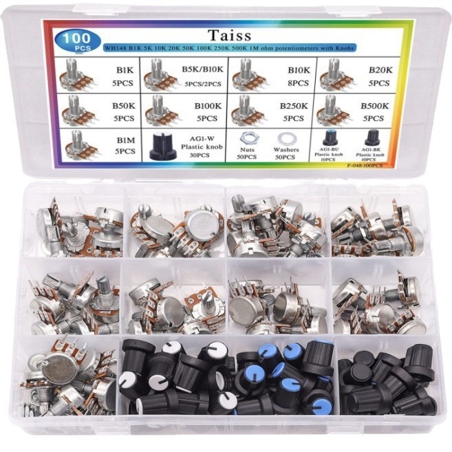 Set od 100 potenciometara WH148B s vrijednostima 1K, 5K, 10K, 20K, 50K, 250K, 500K i 1M Ω