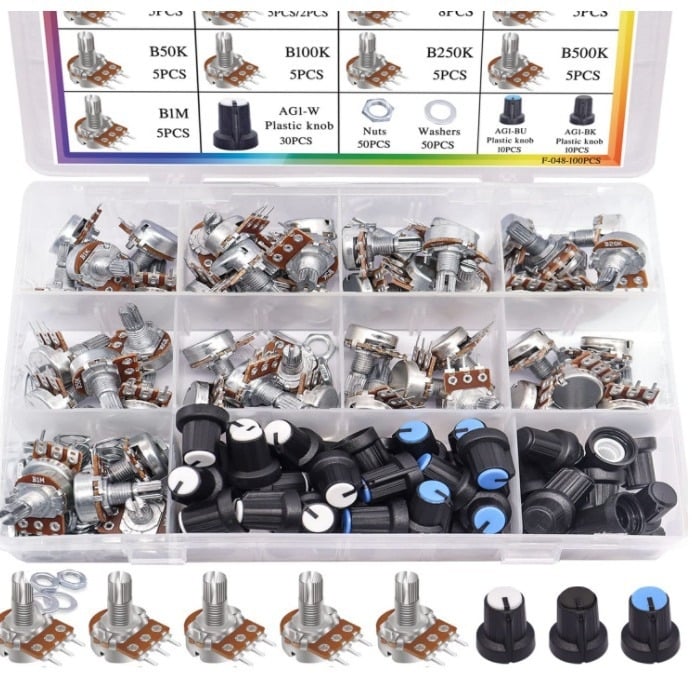 Set od 100 potenciometara WH148B s vrijednostima 1K, 5K, 10K, 20K, 50K, 250K, 500K i 1M Ω