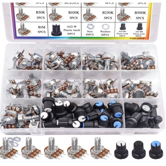 Set od 100 potenciometara WH148B s vrijednostima 1K, 5K, 10K, 20K, 50K, 250K, 500K i 1M Ω