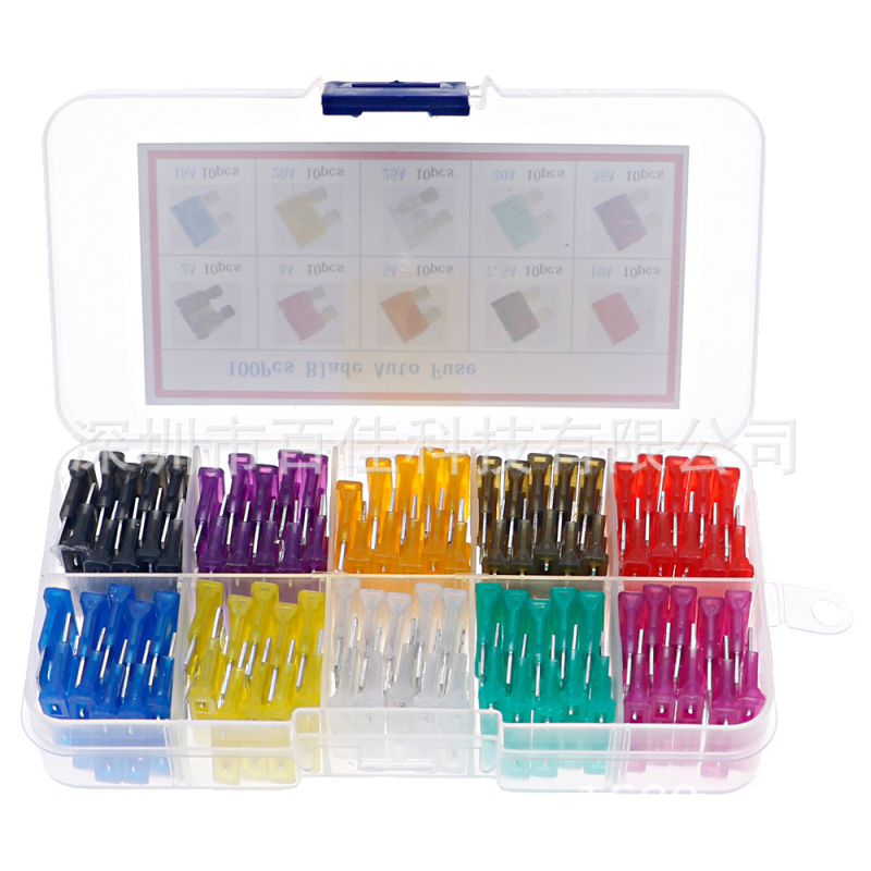 Cutie cu 100 siguranțe auto tip lamă, colorate, dimensiune medie, 19x5x18.5 mm, zinc
