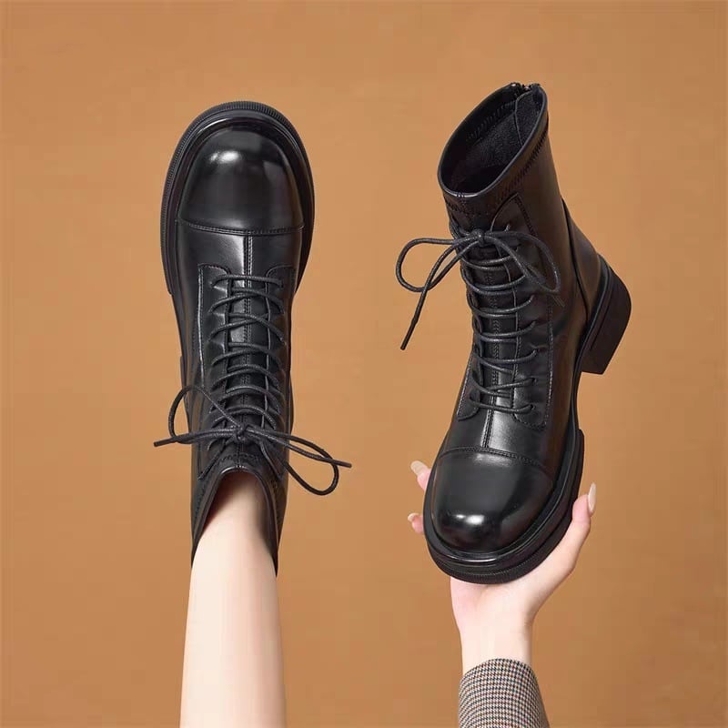 Botine Martin pentru femei, toc gros și talpă groasă, stil britanic, botine elegante, confortabile și versatile pentru toamnă-iarnă.