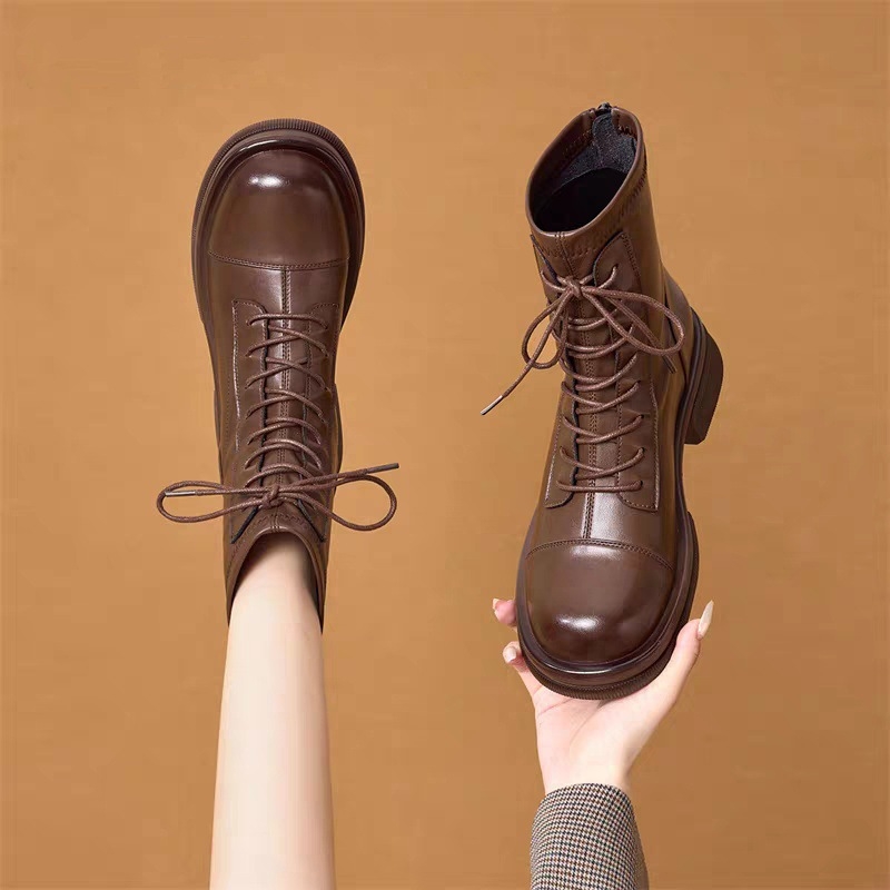 Botine Martin pentru femei, toc gros și talpă groasă, stil britanic, botine elegante, confortabile și versatile pentru toamnă-iarnă.