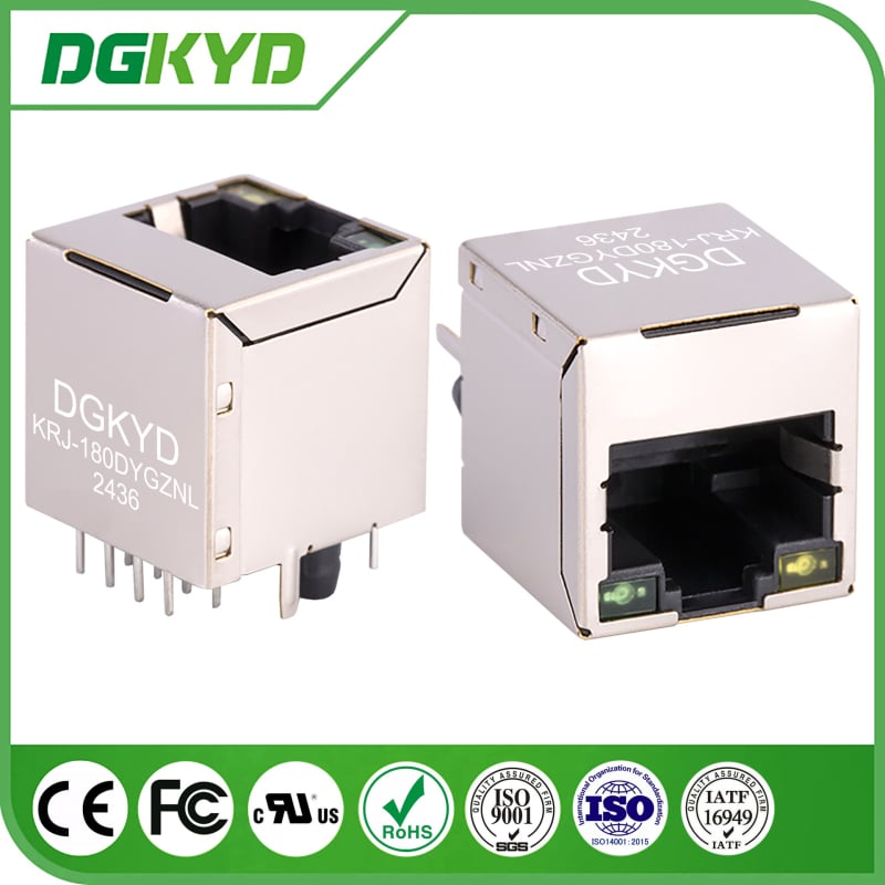 KRJ-180DYGZNL Vertikalni RJ45 konektor, 180° ravno umetanje, 100 Mbps integrirani filtr s LED-om