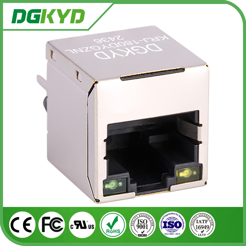 KRJ-180DYGZNL Vertikalni RJ45 konektor, 180° ravno umetanje, 100 Mbps integrirani filtr s LED-om