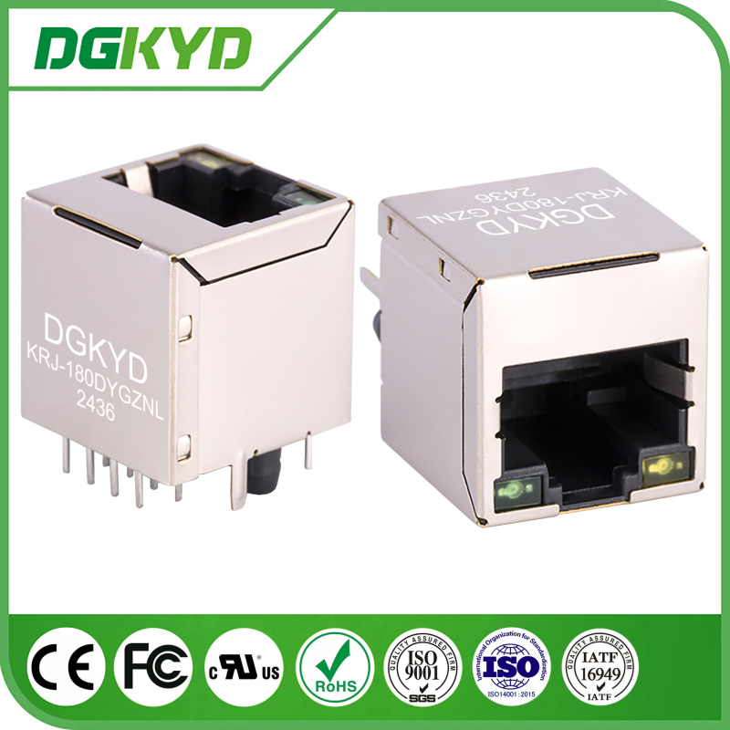 KRJ-180DYGZNL Vertikalni RJ45 konektor, 180° ravno umetanje, 100 Mbps integrirani filtr s LED-om