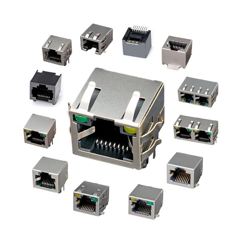 LED RJ45 konektor, 180-stupňový, s integrovaným transformátorom a filtrom, RJ45 samica