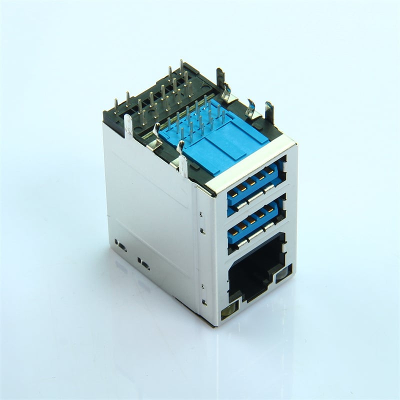 RJ45+ USB 3.0 dvojvrstvový samičí konektor s integrovaným transformátorovým filtrom a LED gigabitovým rozhraním