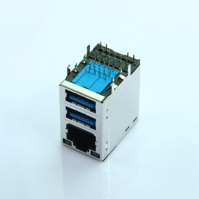 RJ45+ USB 3.0 dvojvrstvový samičí konektor s integrovaným transformátorovým filtrom a LED gigabitovým rozhraním