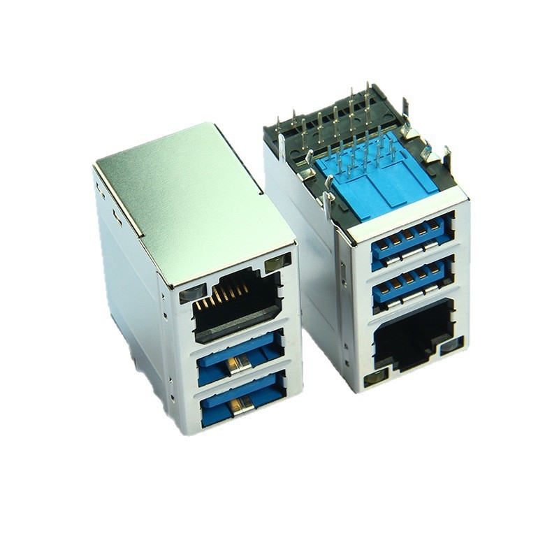 RJ45+ USB 3.0 dvojvrstvový samičí konektor s integrovaným transformátorovým filtrom a LED gigabitovým rozhraním