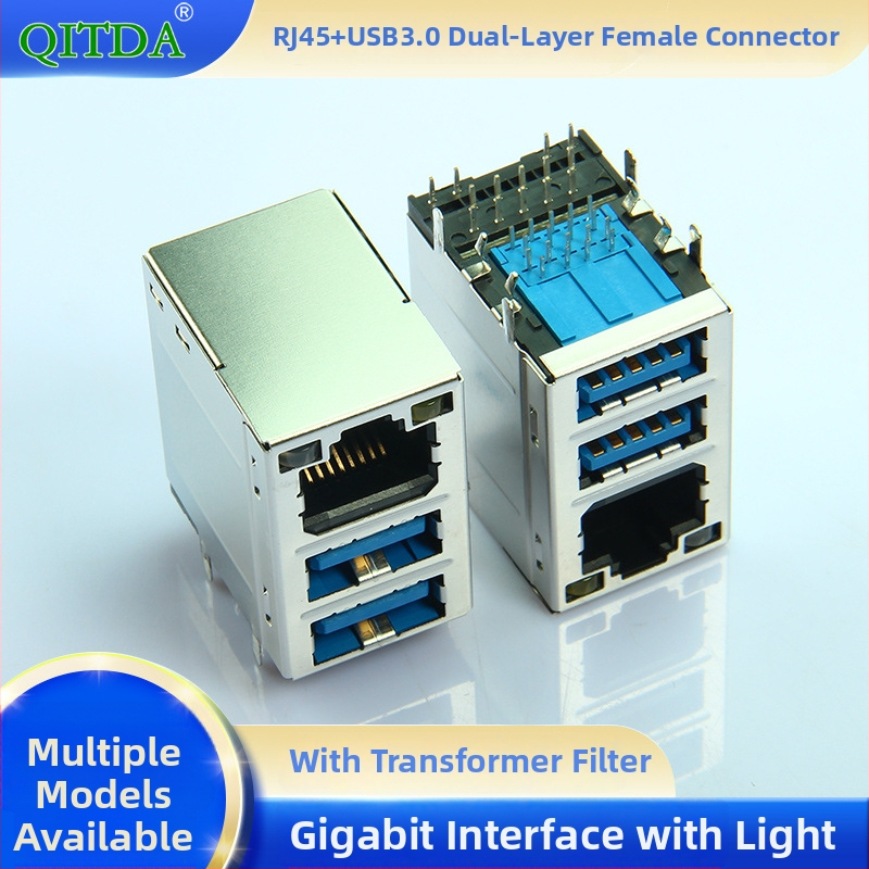 RJ45+ USB 3.0 dvojvrstvový samičí konektor s integrovaným transformátorovým filtrom a LED gigabitovým rozhraním