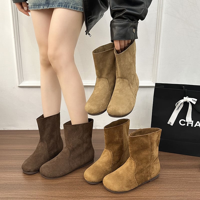 Плоски ретро обувки в стил Birkenstock за жени, къси ботуши с вътрешно повдигане, кръгла носка, ботуши Мартин, визуално издължаващ силует, западен каубойски стил