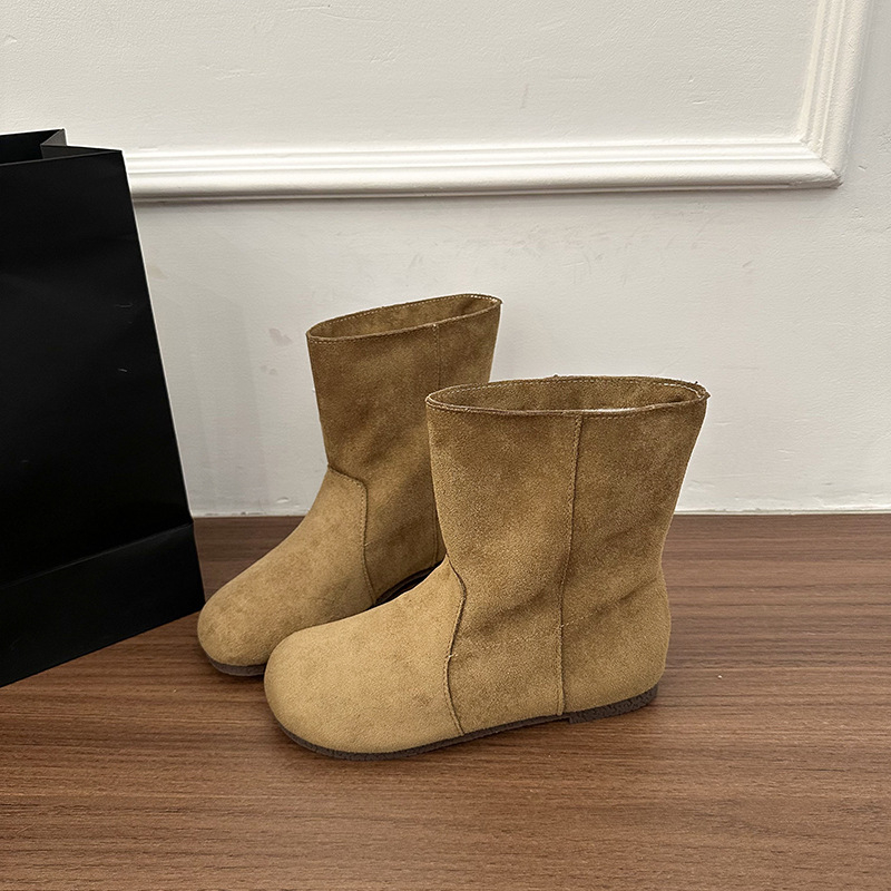 Плоски ретро обувки в стил Birkenstock за жени, къси ботуши с вътрешно повдигане, кръгла носка, ботуши Мартин, визуално издължаващ силует, западен каубойски стил