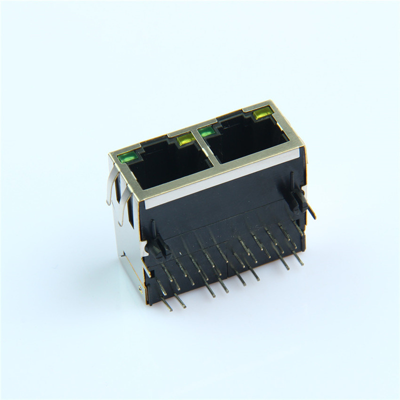 RJ45 двупортов мрежов конектор с LED, интегриран трансформаторен филтър, гигабитов 10P10C