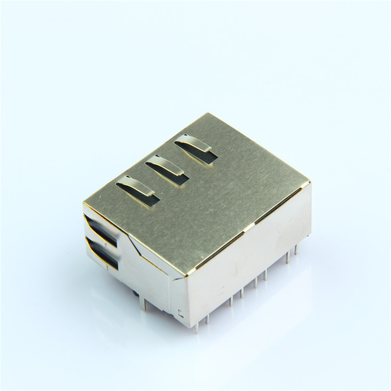 RJ45 двупортов мрежов конектор с LED, интегриран трансформаторен филтър, гигабитов 10P10C