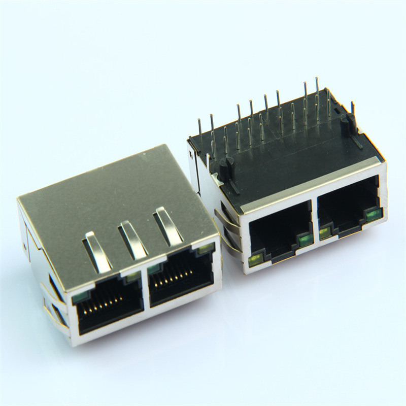 RJ45 двупортов мрежов конектор с LED, интегриран трансформаторен филтър, гигабитов 10P10C