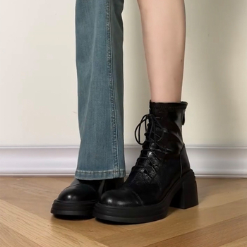 Дамски ботуши от естествена кожа с вътрешно повдигане и дебел ток, връзки, стил Челси, размер 33, 2025