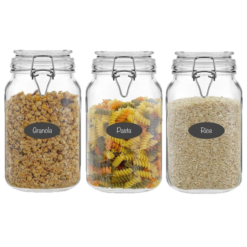 Átlátszó üveg lezárócsattal, teák és élelmiszerek tárolására, készlet 2200 ml + 1500 ml × 2, négyzet- és kerek formájú