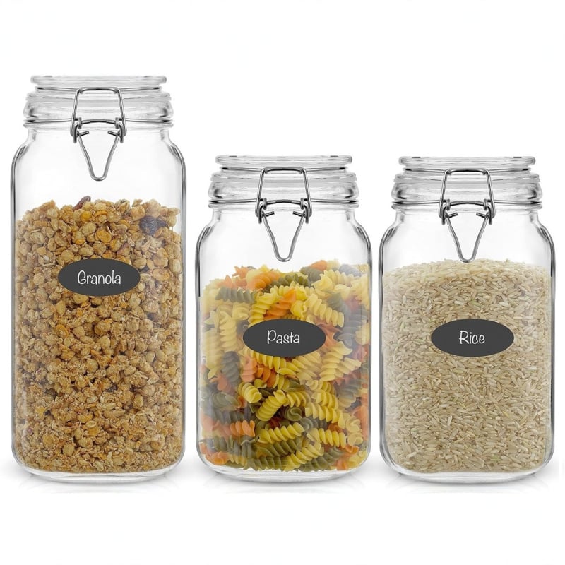 Átlátszó üveg lezárócsattal, teák és élelmiszerek tárolására, készlet 2200 ml + 1500 ml × 2, négyzet- és kerek formájú