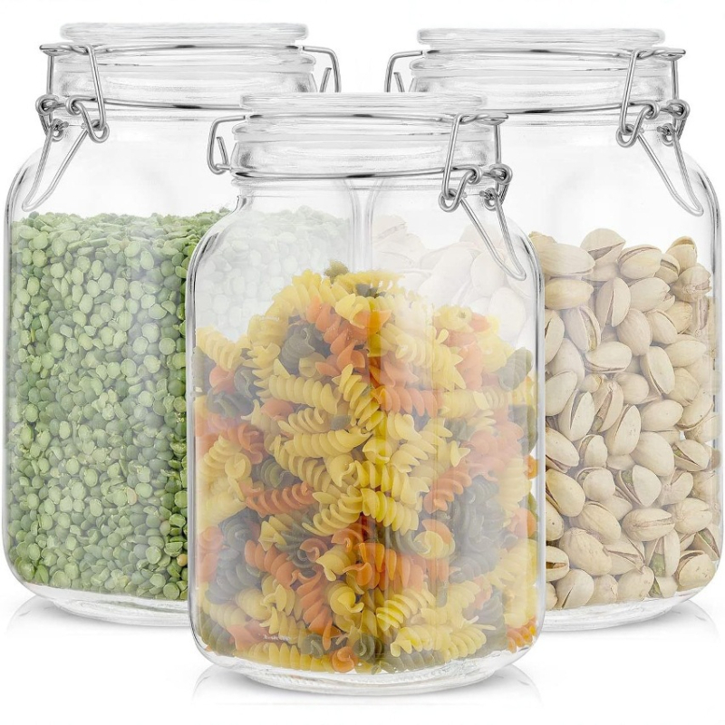 Átlátszó üveg lezárócsattal, teák és élelmiszerek tárolására, készlet 2200 ml + 1500 ml × 2, négyzet- és kerek formájú