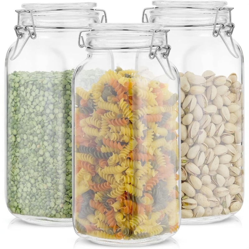 Átlátszó üveg lezárócsattal, teák és élelmiszerek tárolására, készlet 2200 ml + 1500 ml × 2, négyzet- és kerek formájú