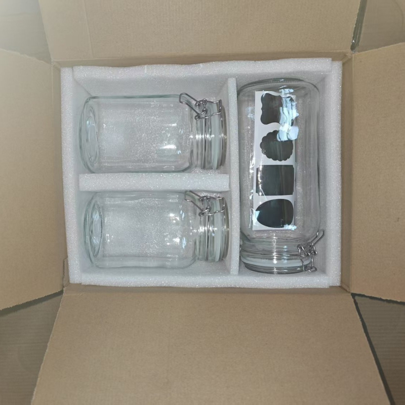 Átlátszó üveg lezárócsattal, teák és élelmiszerek tárolására, készlet 2200 ml + 1500 ml × 2, négyzet- és kerek formájú