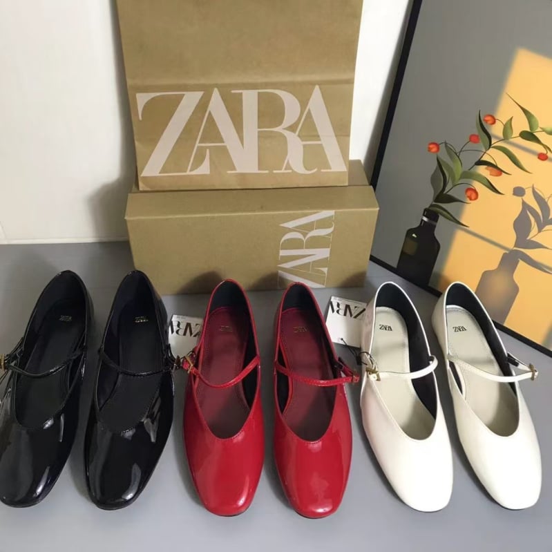 ZA női Mary Jane lapos balerina cipő piros patent bőrben, 2024 tavasz