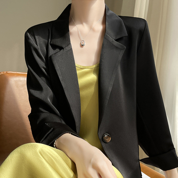 Ženski blejzer od acetatnog saten materijala, 3/4 rukavi, jednofarban, opuštena silueta, elegantan stil
