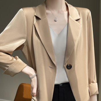Ženski blejzer od acetatnog saten materijala, 3/4 rukavi, jednofarban, opuštena silueta, elegantan stil