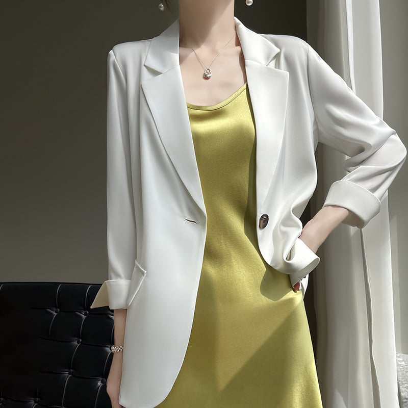 Ženski blejzer od acetatnog saten materijala, 3/4 rukavi, jednofarban, opuštena silueta, elegantan stil