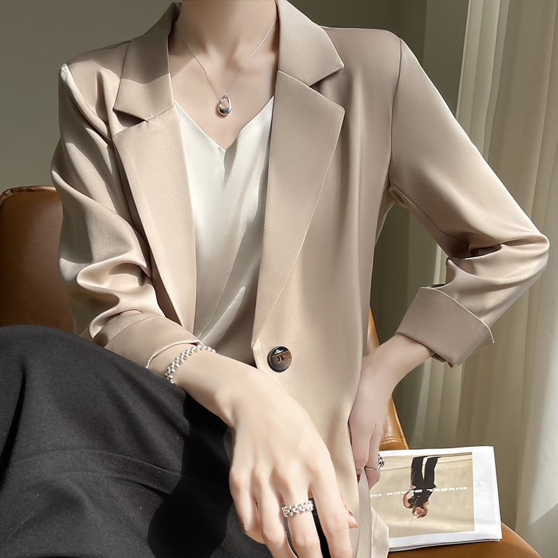 Ženski blejzer od acetatnog saten materijala, 3/4 rukavi, jednofarban, opuštena silueta, elegantan stil