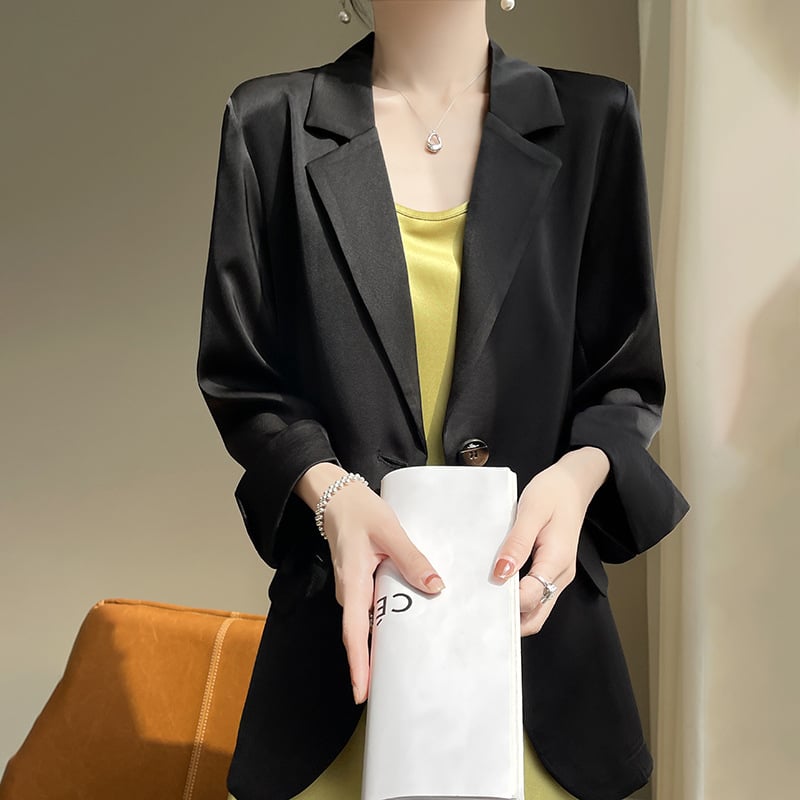 Ženski blejzer od acetatnog saten materijala, 3/4 rukavi, jednofarban, opuštena silueta, elegantan stil