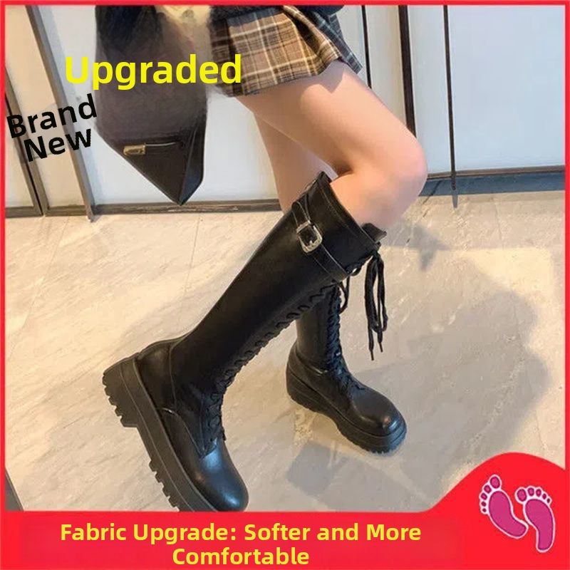 Dámske čižmy s predným šnurovaním, jednofarebné, hrubá podrážka, po kolená, podpätok 6–8 cm