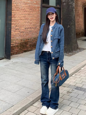 Džínsová bunda v štýle Chanel pre ženy, jesenná modrá so stojacím golierom, elegantný a univerzálny top