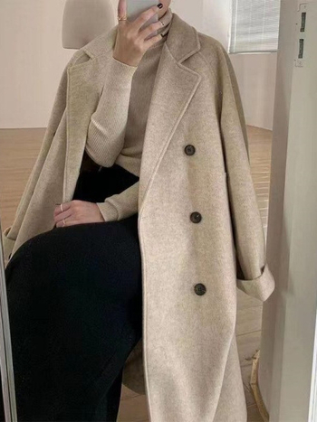 Női koreai stílusú középhosszú kasmír-gyapjú kabát, V-nyakú, hosszú ujjú, casual stílus