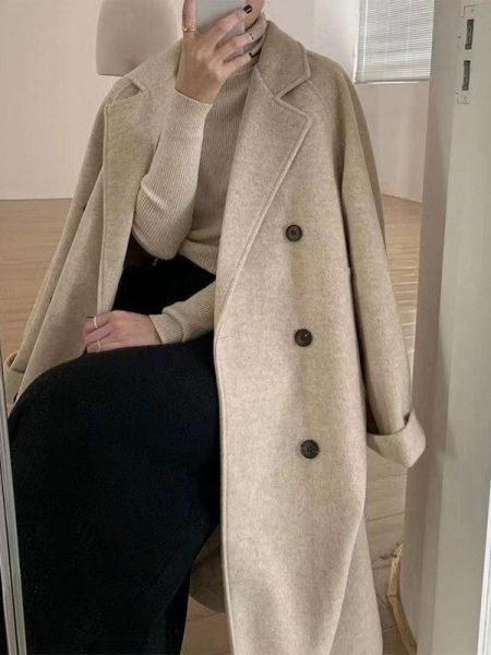 Női koreai stílusú középhosszú kasmír-gyapjú kabát, V-nyakú, hosszú ujjú, casual stílus