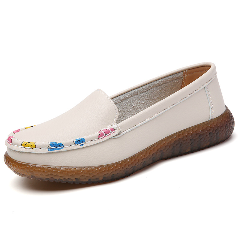 Félidőskorú nőknek készült bőr slip-on cipő, csúszásmentes, kényelmes lapos mokaszin típusú bean shoes, lélegző, alacsony kivágású