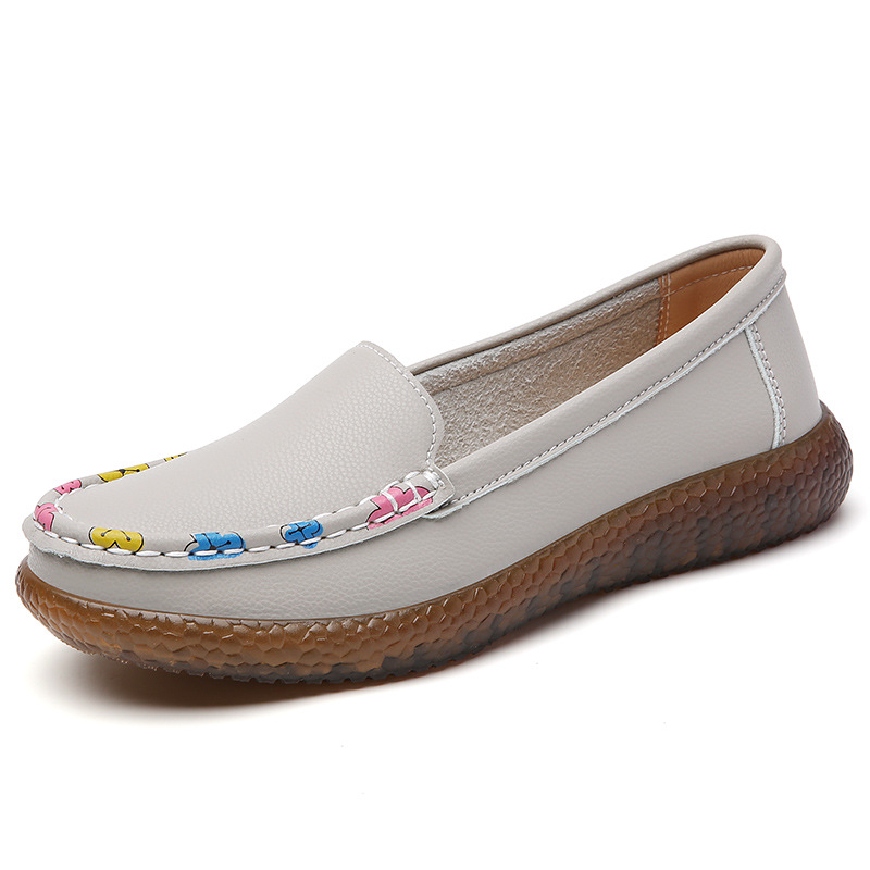 Félidőskorú nőknek készült bőr slip-on cipő, csúszásmentes, kényelmes lapos mokaszin típusú bean shoes, lélegző, alacsony kivágású