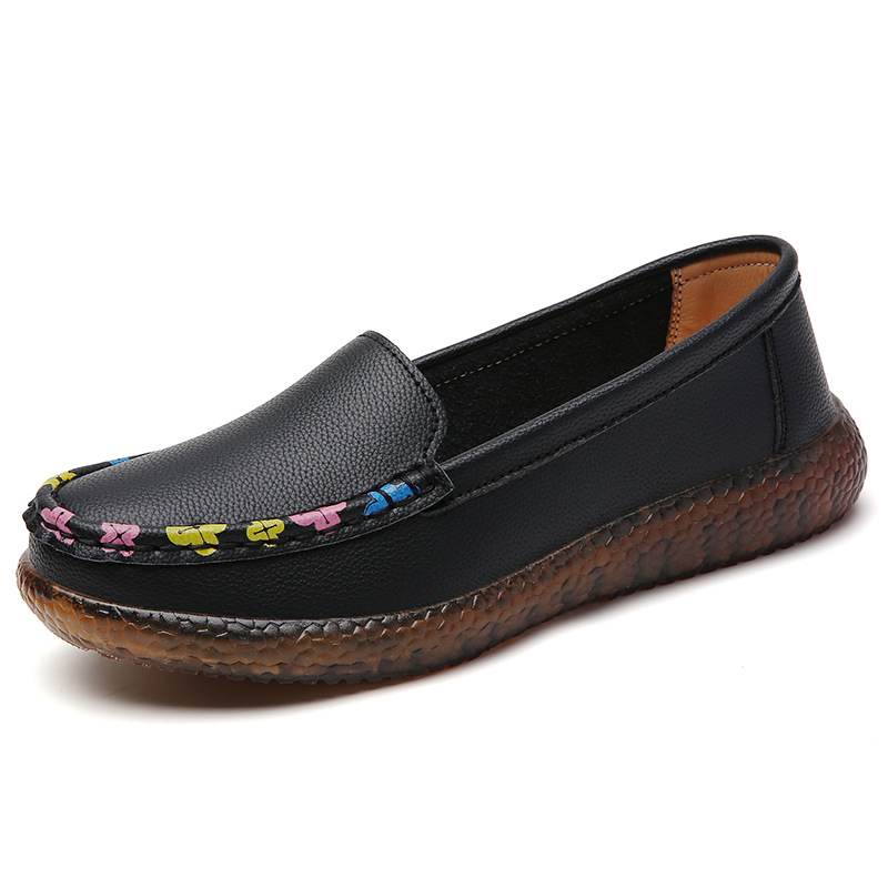 Félidőskorú nőknek készült bőr slip-on cipő, csúszásmentes, kényelmes lapos mokaszin típusú bean shoes, lélegző, alacsony kivágású