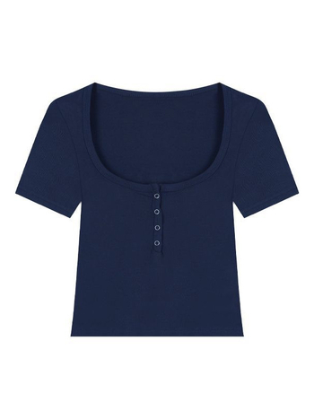 Ženski uski crop top kratkih rukava s poluotvorenim ovratnikom, jednobojna boja, visok struk, otkriva trbuh, ljeto 2025 izdanje