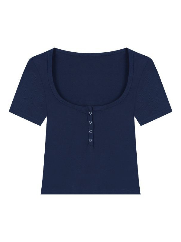 Ženski uski crop top kratkih rukava s poluotvorenim ovratnikom, jednobojna boja, visok struk, otkriva trbuh, ljeto 2025 izdanje