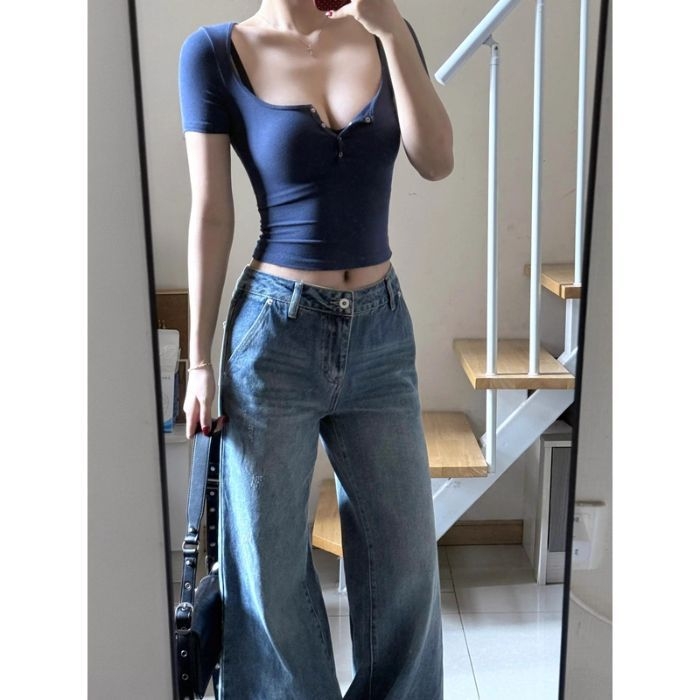 Ženski uski crop top kratkih rukava s poluotvorenim ovratnikom, jednobojna boja, visok struk, otkriva trbuh, ljeto 2025 izdanje