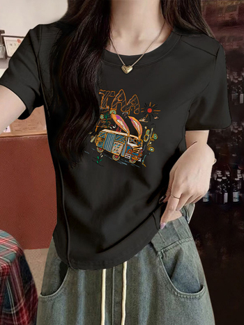 Ženski T-shirt u korejskom stilu, plus veličine, kratkih rukava, uski kroj, okrugli izrez, cropped dizajn s ribljom kostom, ljeto 2026