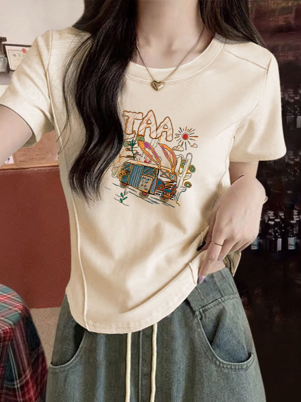 Ženski T-shirt u korejskom stilu, plus veličine, kratkih rukava, uski kroj, okrugli izrez, cropped dizajn s ribljom kostom, ljeto 2026